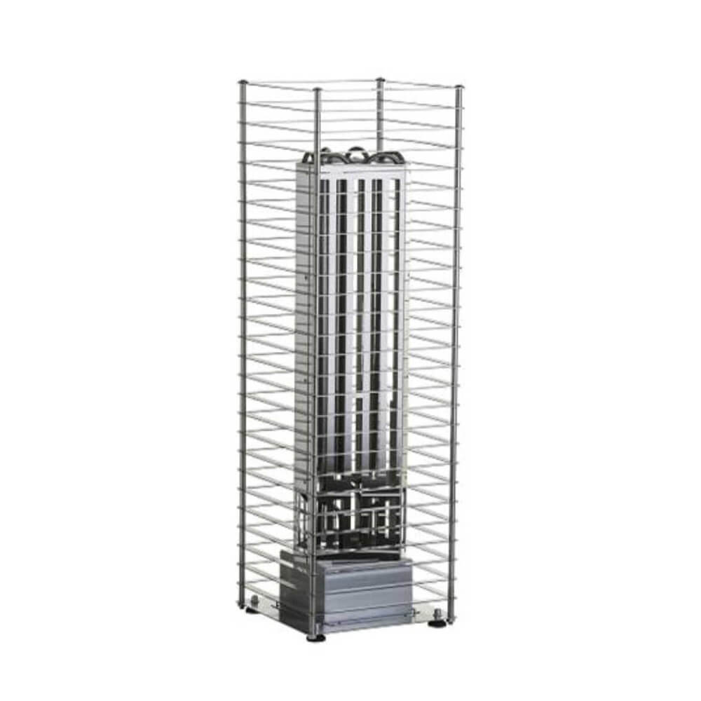 Stainless steel Huum Cliff Slim electric sauna heater with digital controller and sauna stones, designed for home sauna use.