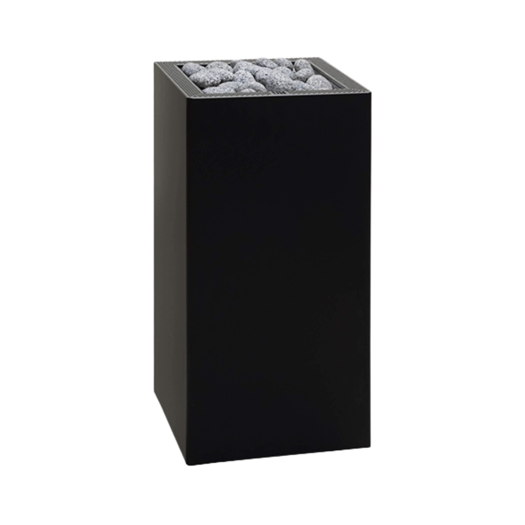 SAKSBY WHOLESALE Huum Core Black Sauna Heater with digital controller, adjustable legs, 6.5kW or 10.5kW, front-left view with stones