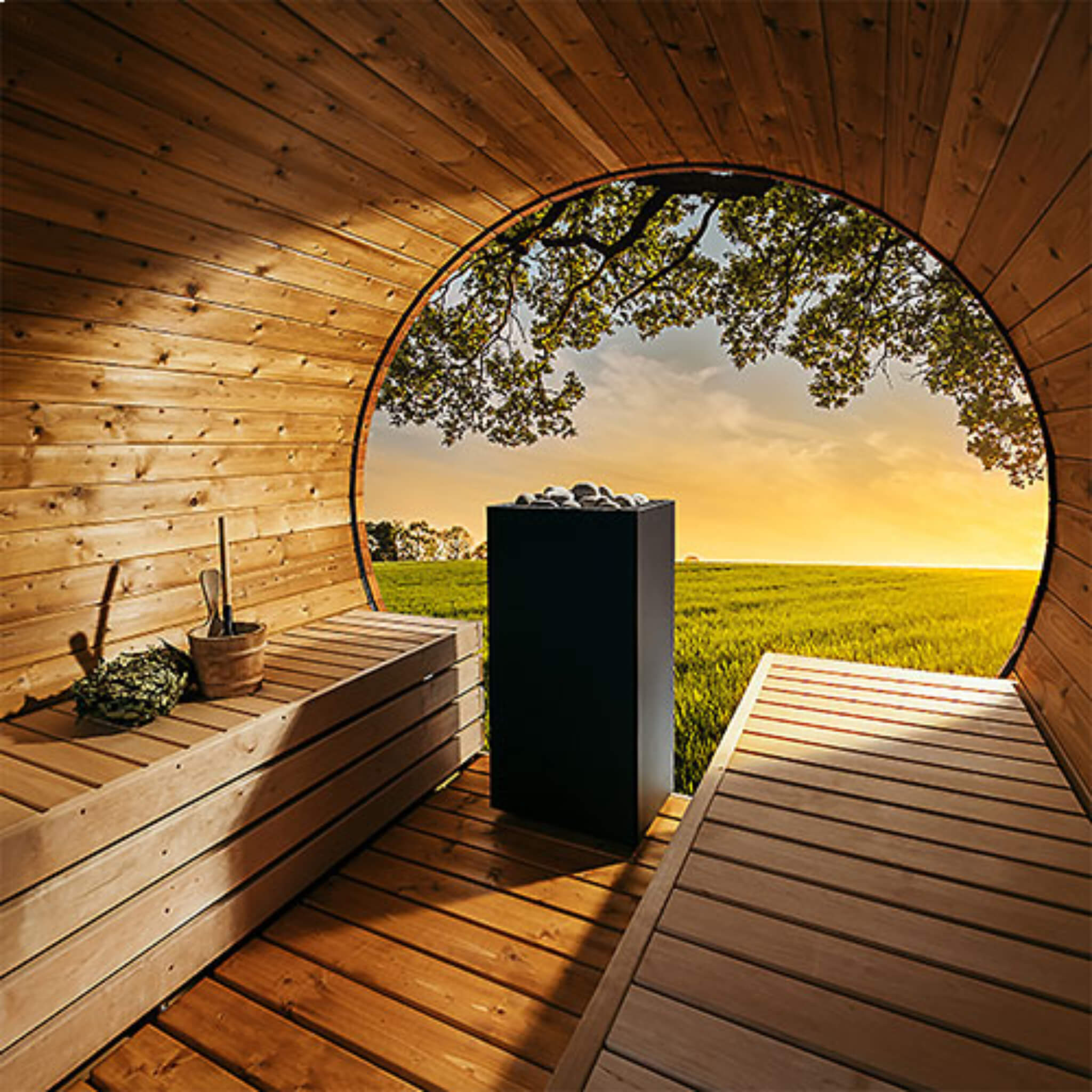 Huum Core Black sauna heater with UKU digital controller and stones, 6.5kW or 10.5kW, featuring adjustable legs for sauna heating.