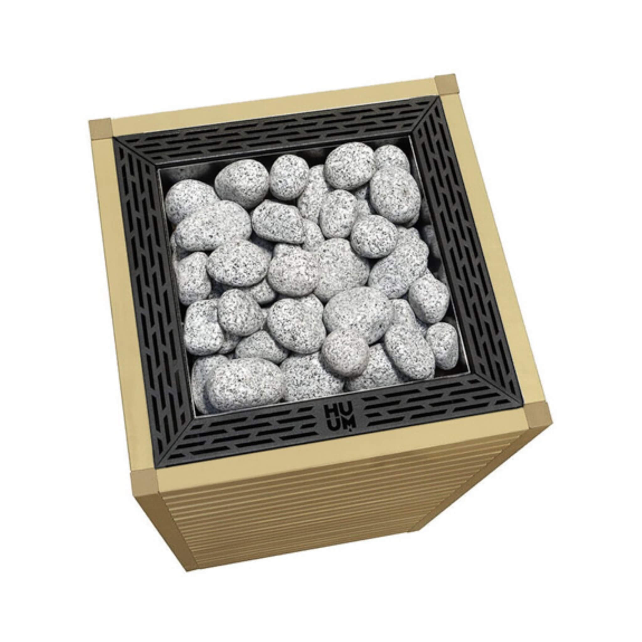 Top view of SAKSBY WHOLESALE Huum Core Alder Wood Exterior Sauna Heater with UKU controller and stones.