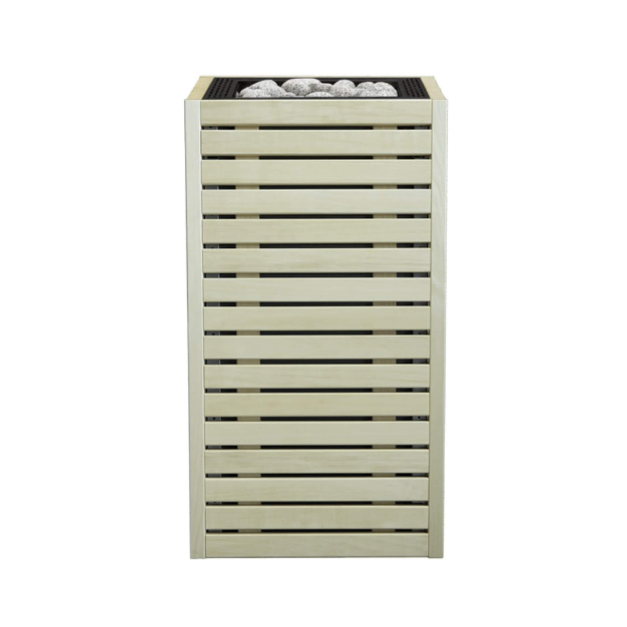 Huum Core Aspen Wood Exterior Sauna Heater by SAKSBY WHOLESALE with digital controller and stones, front view.