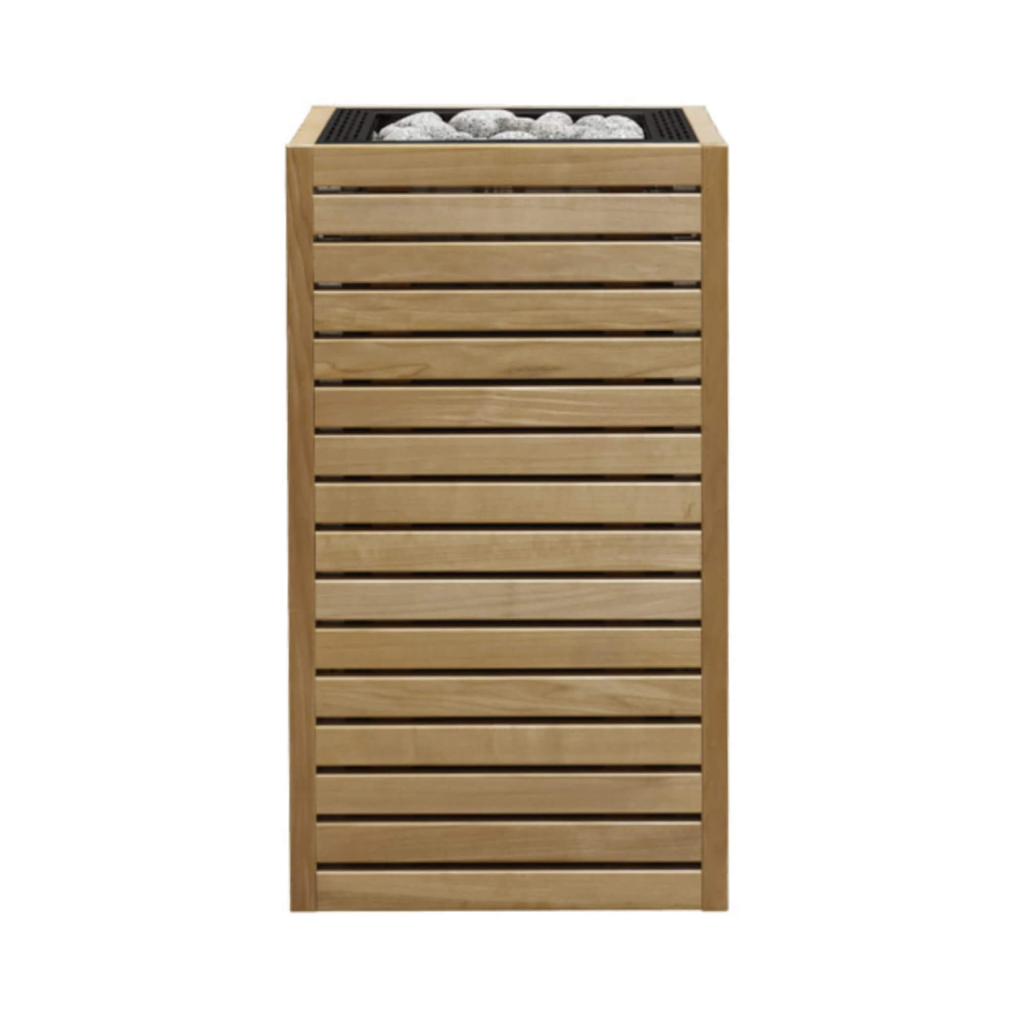 Huum Core Aspen wood exterior sauna heater with UKU controller and stones, 6.5kW or 10.5kW, front view.