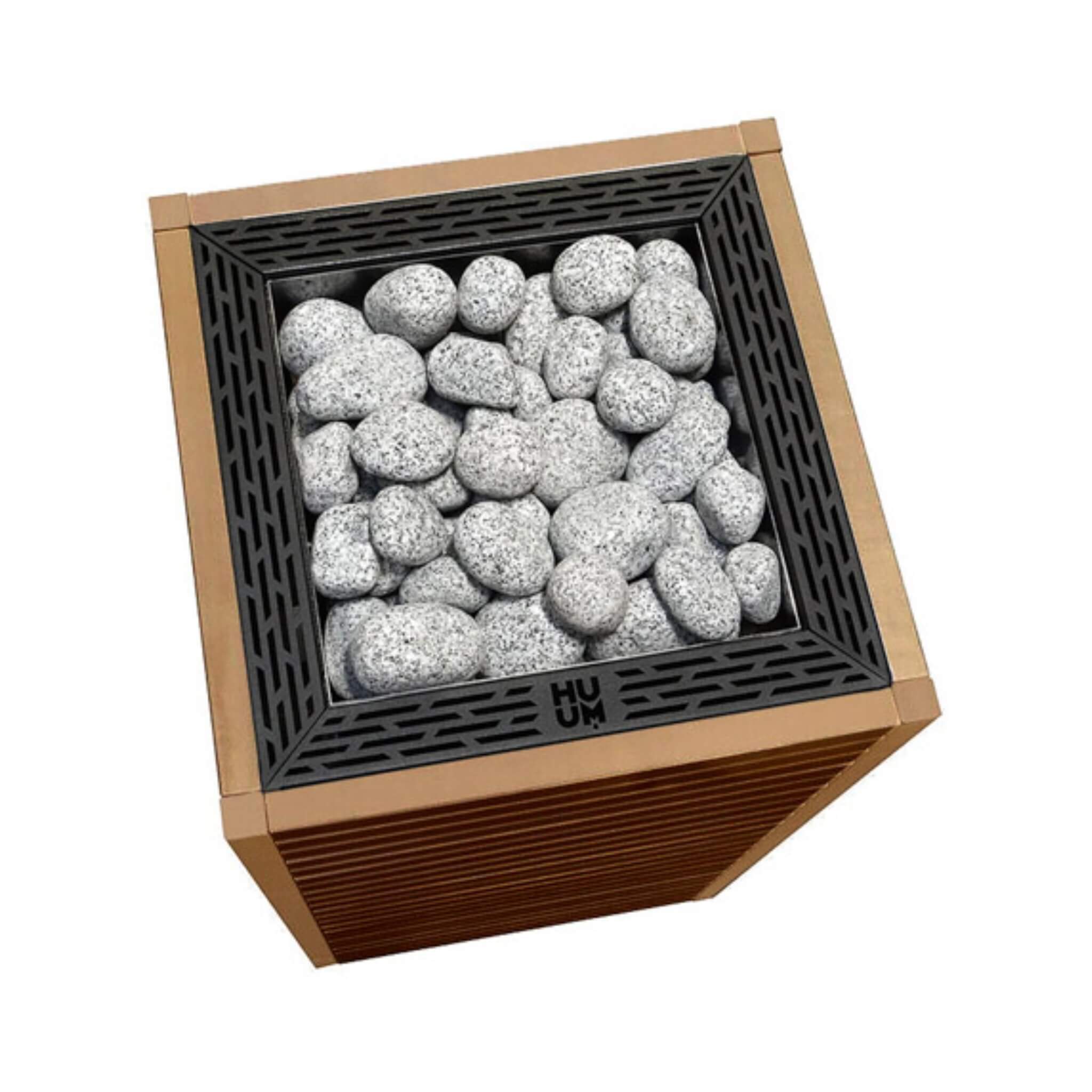 SAKSBY WHOLESALE Huum Core Thermo-Aspen wood exterior sauna heater with UKU controller and stones, top view.