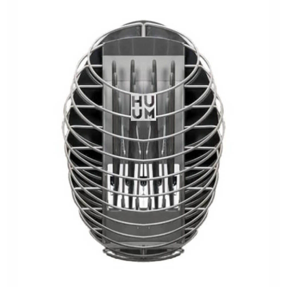Wall-mounted Huum Drop 240V sauna heater with digital controller and sauna stones, featuring a water drop design front view.