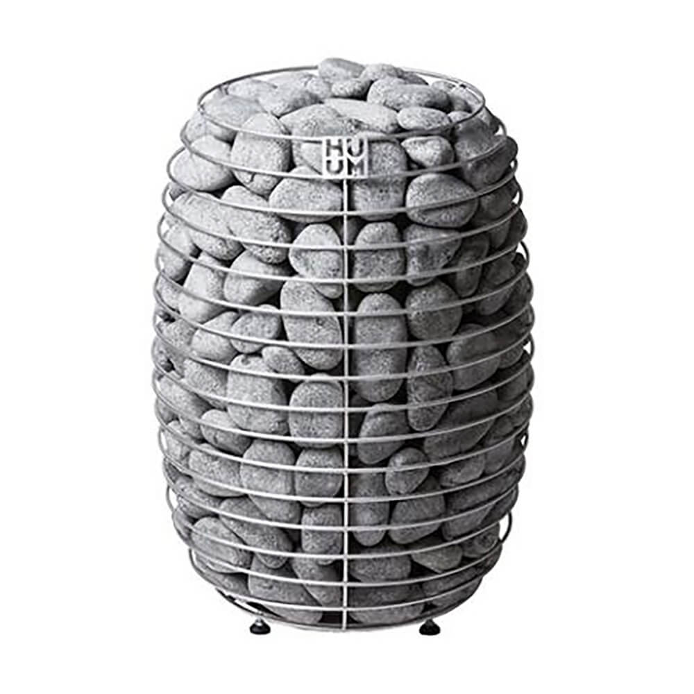 SAKSBY WHOLESALE Huum Hive Premium 18kW floor-mounted sauna heater with stones, UKU control, and extension box in front view.