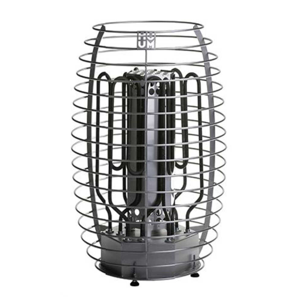 Huum Hive Mini floor-mounted traditional steel sauna heater with digital controller and sauna stones, designed for home sauna rooms.