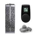 Huum Steel Series sauna heater with UKU control and sauna stones, black metal design, installed in a modern sauna room.