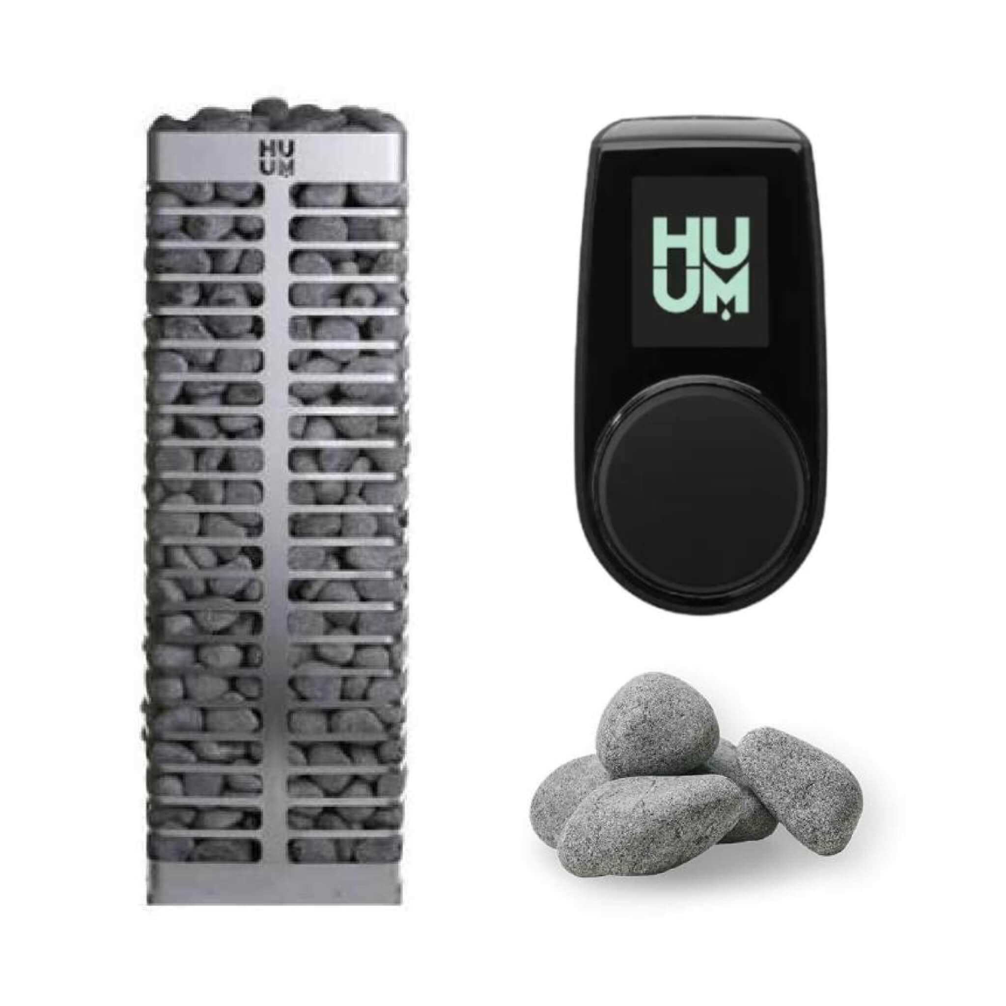 Huum Steel Series sauna heater with UKU control and sauna stones, black metal design, installed in a modern sauna room.