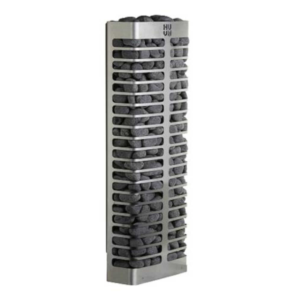 Huum Steel Mini Series 4 stainless steel wall mount sauna heater with digital controller and sauna stones, 3.5KW, front right view.