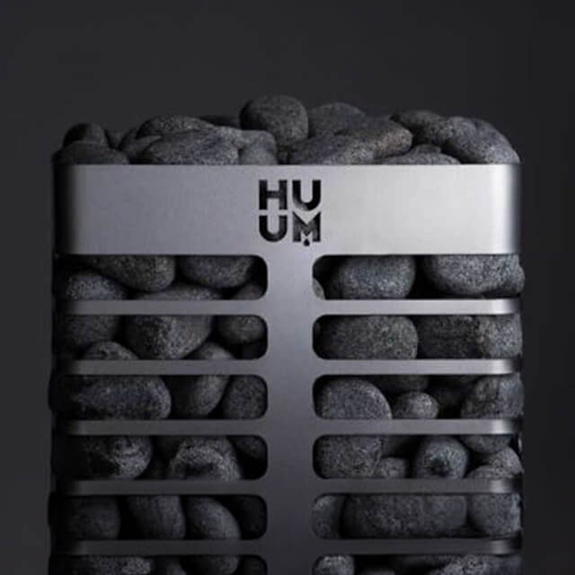 Stainless steel Huum Steel Series sauna heater with UKU control and sauna stones, wall-mounted, 3.5kW, front and top view.
