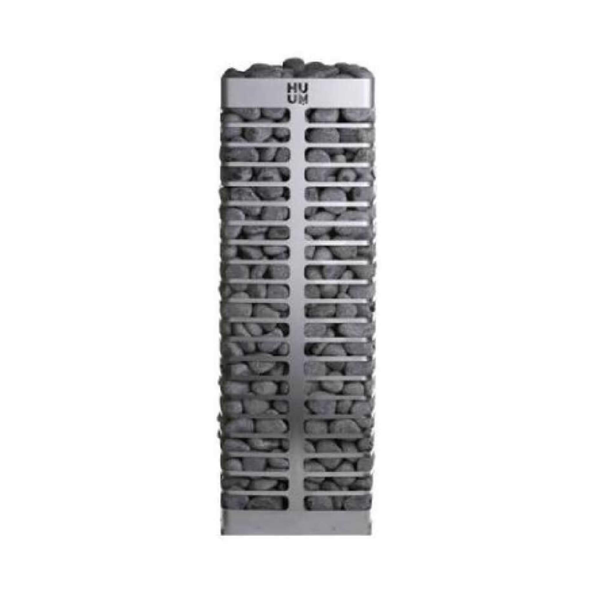 Huum Steel Mini Series 4 stainless steel wall-mount sauna heater with digital controller and sauna stones, 3.5KW, front view.
