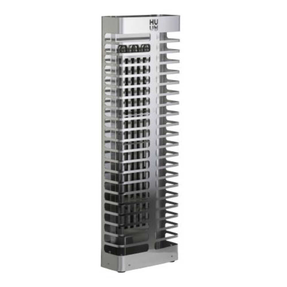 Huum Steel Mini Series 4 stainless steel wall mount sauna heater with digital controller and sauna stones, 3.5KW, 38.4 inches long.