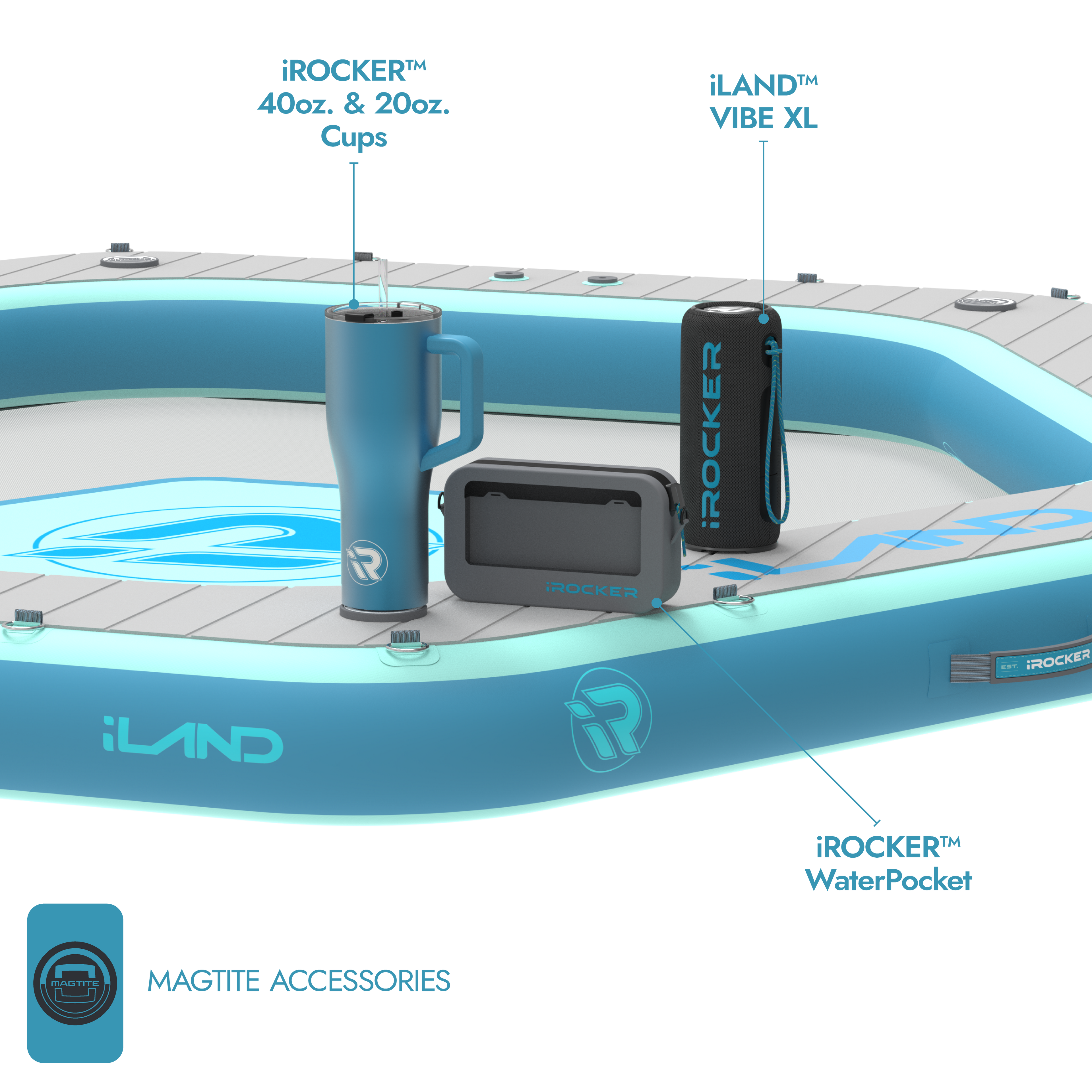 iROCKER US iLand floating bar with multiple drink holders and seating area on a calm lake, perfect for relaxing on the water.