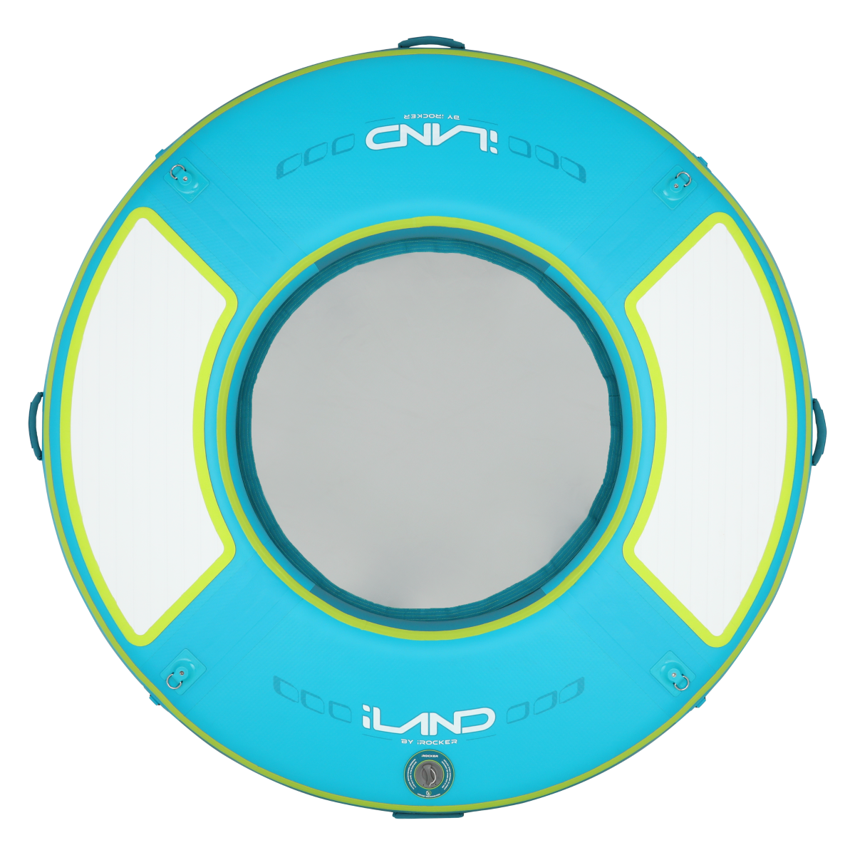 iROCKER iLAND 6-foot teal lime round float for swimming and lounging in the water. Bright, durable, and fun outdoor water float.