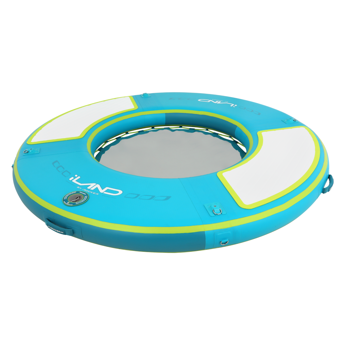iROCKER iLAND 6-foot round teal and lime inflatable float for pool lounging and water relaxation.