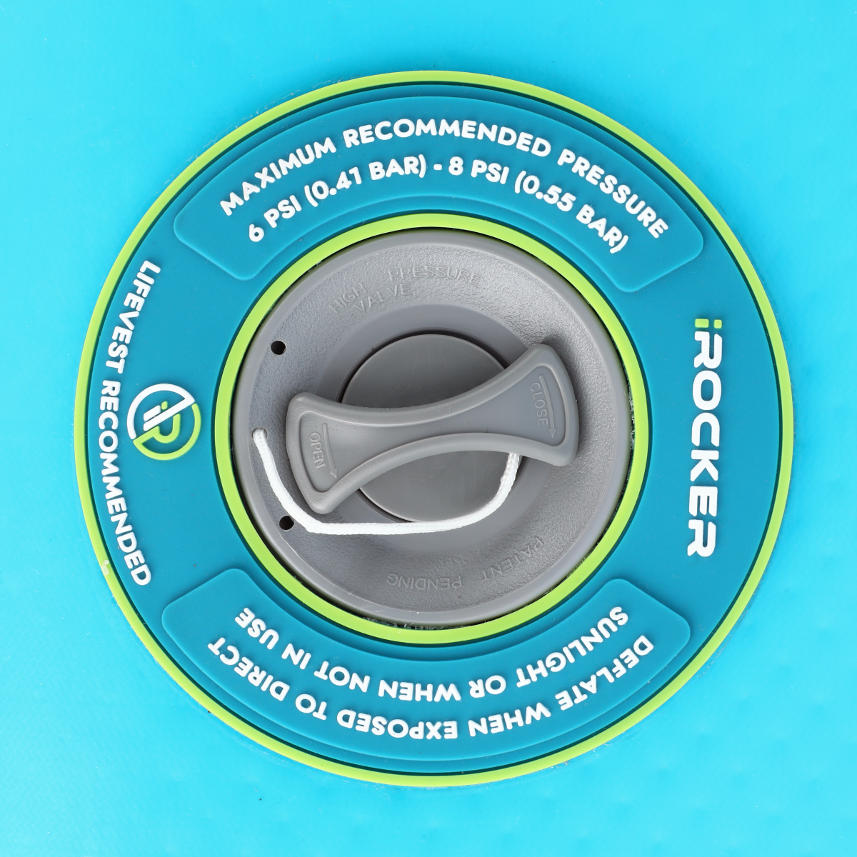 iROCKER iLAND 6-foot teal and lime round float for water lounging and relaxing in the pool or lake.
