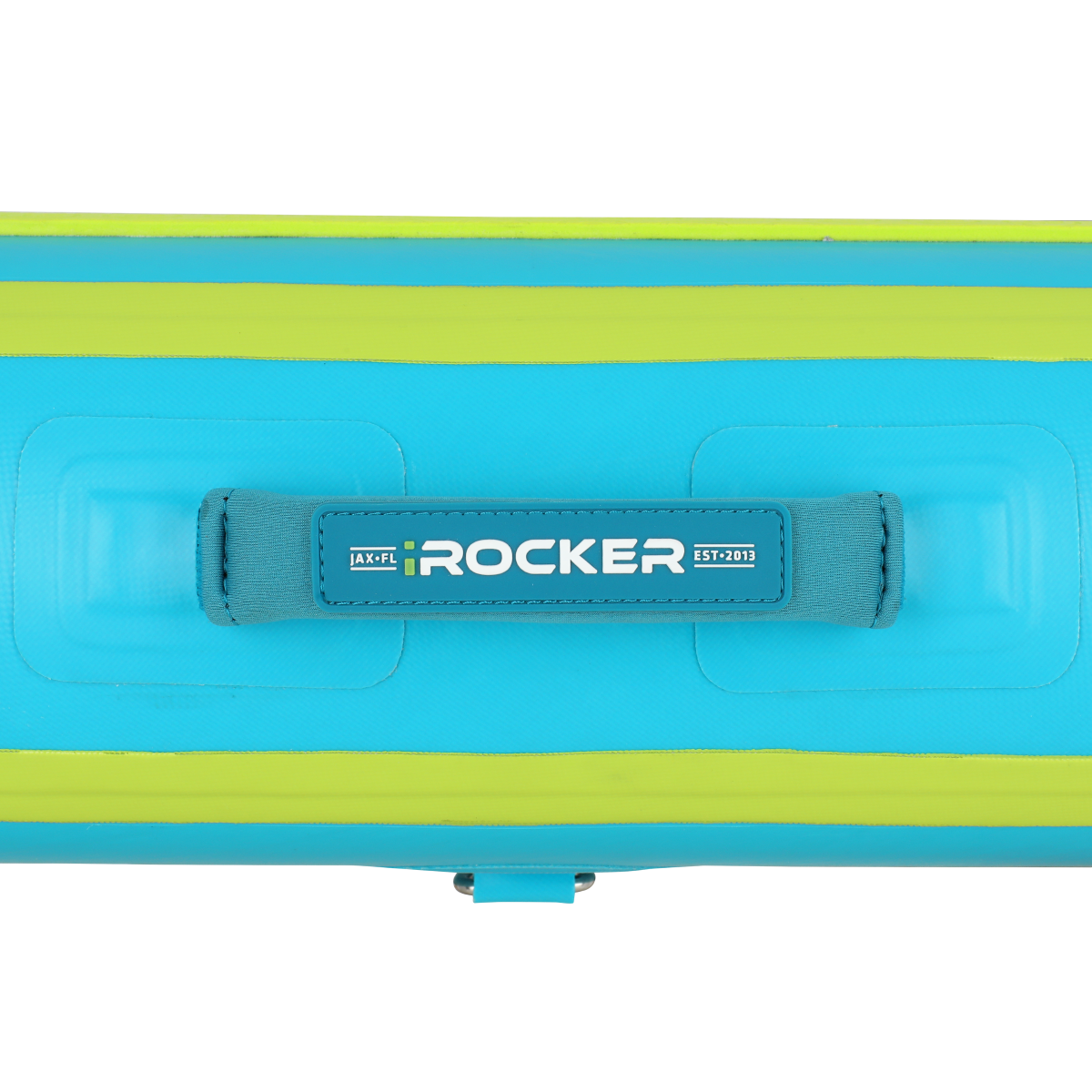 iROCKER US iLAND® 6-foot round teal and lime float designed for relaxing on the water.