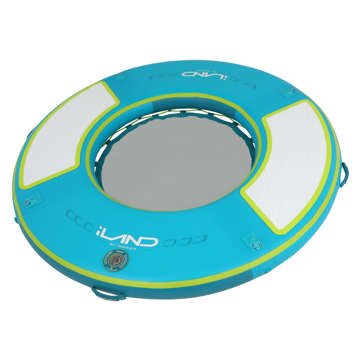 iLAND® by iROCKER 6-foot round teal and lime inflatable float for water relaxation and lounging.