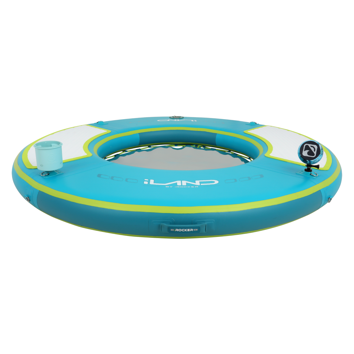 iLAND® by iROCKER 6-foot round teal and lime inflatable float for lounging and relaxation on the water.