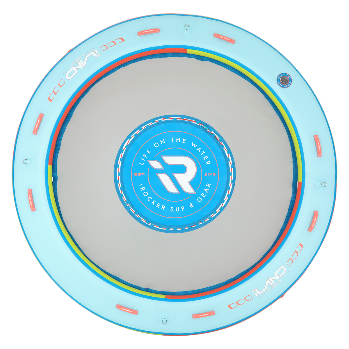 iROCKER US iLAND 8-foot round float with punch bowl design, perfect for lounging and relaxing on the water.