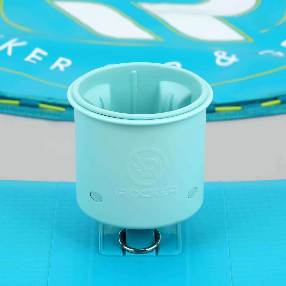 iLAND by iROCKER 8-foot teal and lime round inflatable float on water, featuring vibrant colors and durable design.