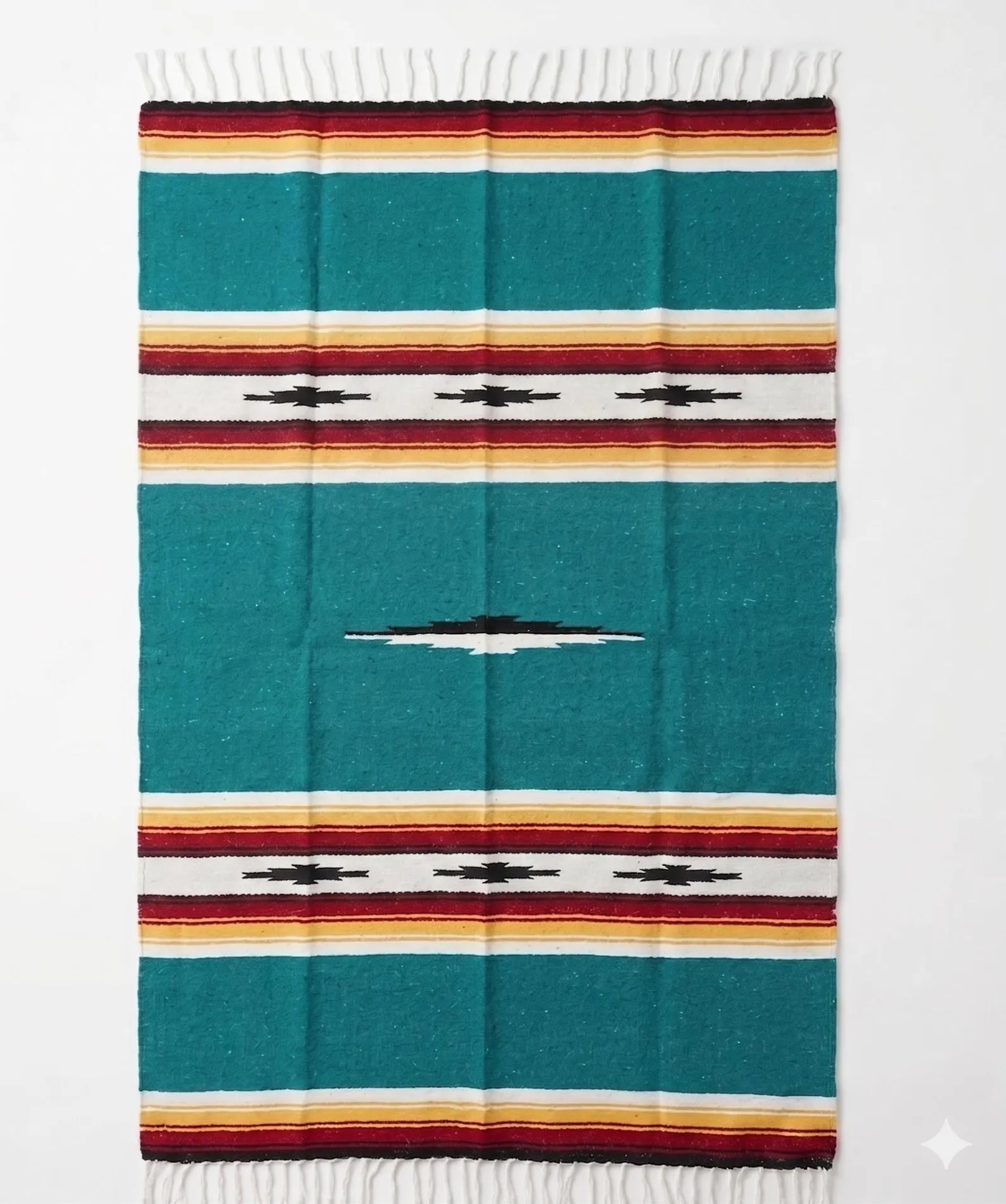 Teal Sunset Baja Diamond Yoga Blanket by West Path, handcrafted Baja blanket with diamond pattern and vibrant teal color.