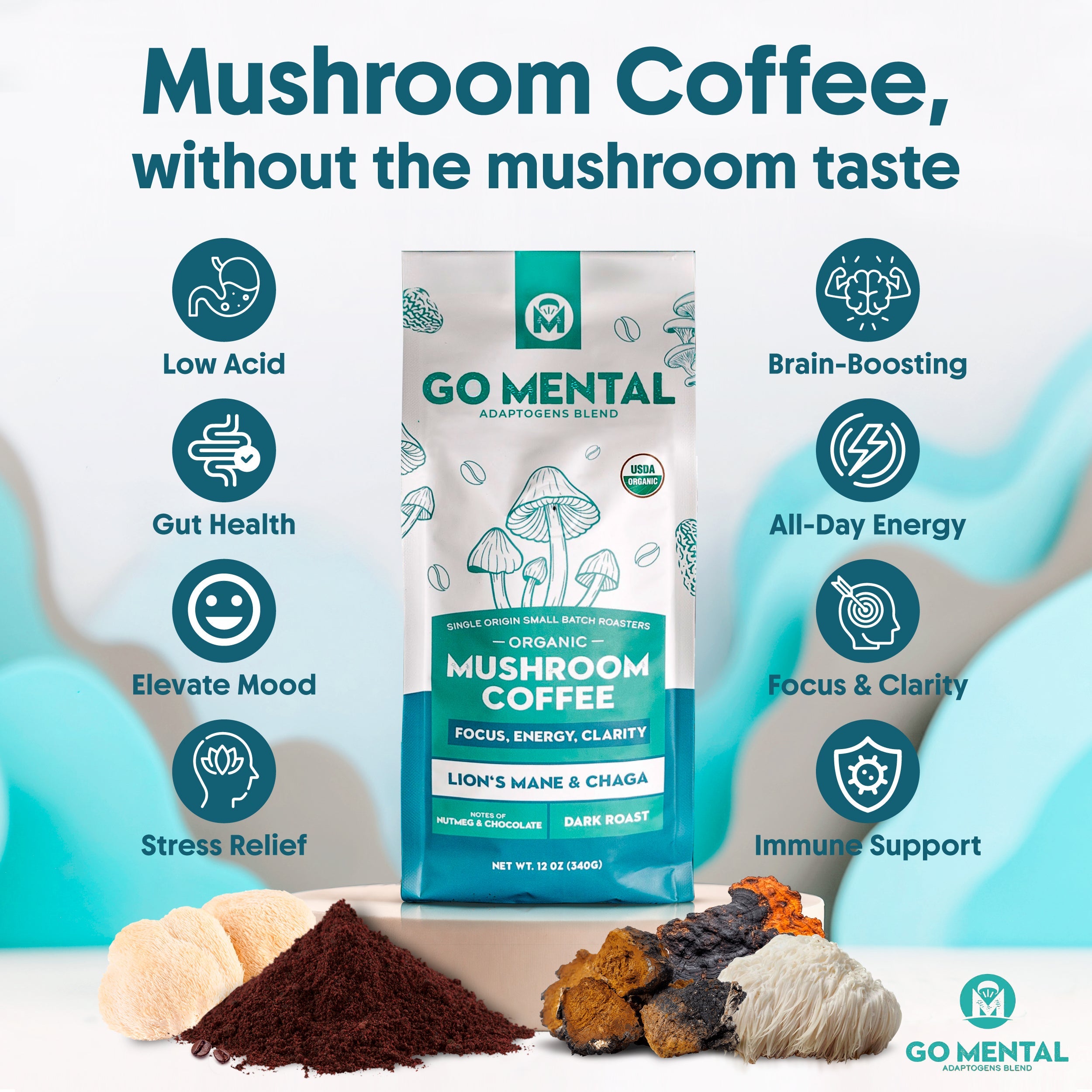 Organic Lion's Mane and Chaga mushroom coffee dark roast from GO MENTAL MUSHROOM COFFEE, brewed in a mug with a rich, dark hue.