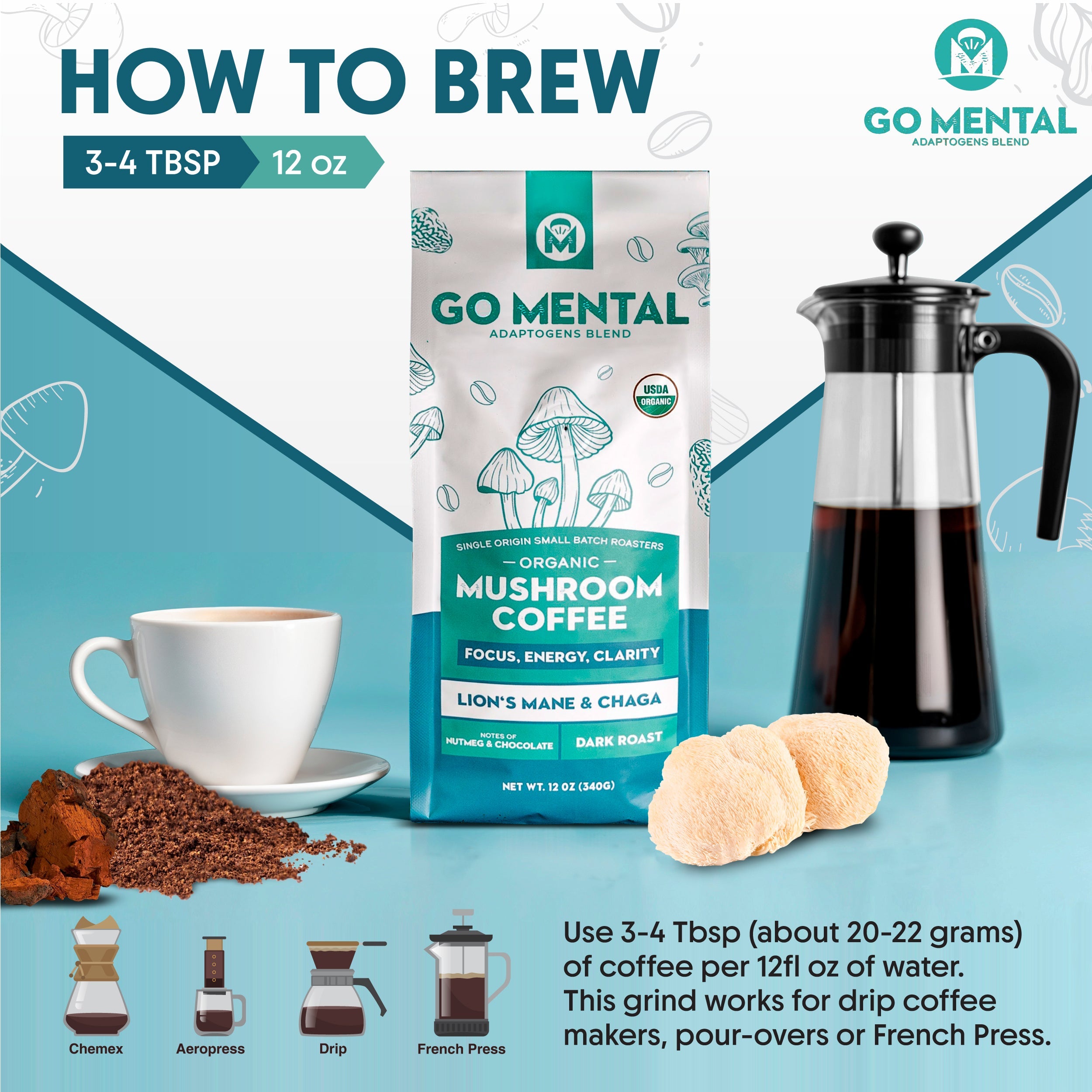 Dark roast Organic Lion's Mane and Chaga mushroom coffee by GO MENTAL MUSHROOM COFFEE, featuring a steaming cup on a rustic wooden table.