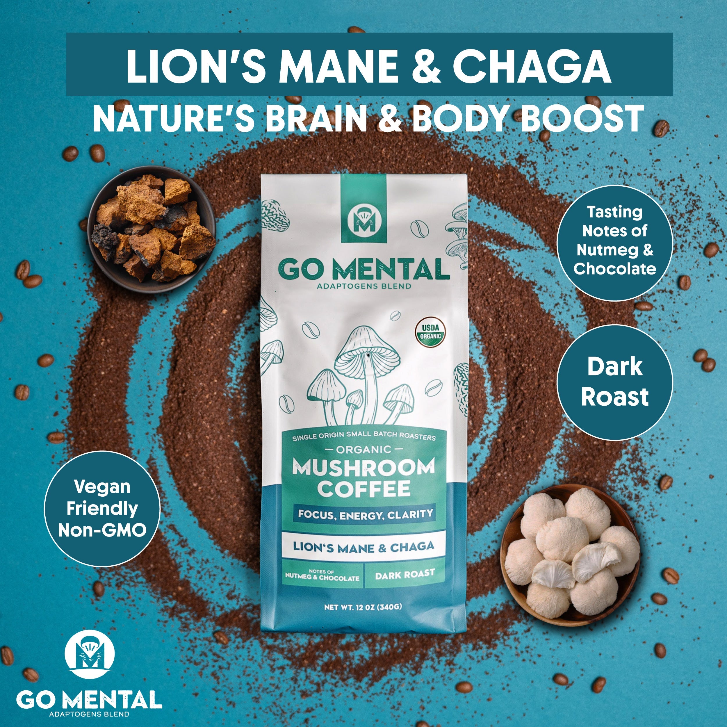 Dark roast Organic Lion's Mane and Chaga mushroom coffee by GO MENTAL MUSHROOM COFFEE, featuring a steaming cup on a rustic surface.