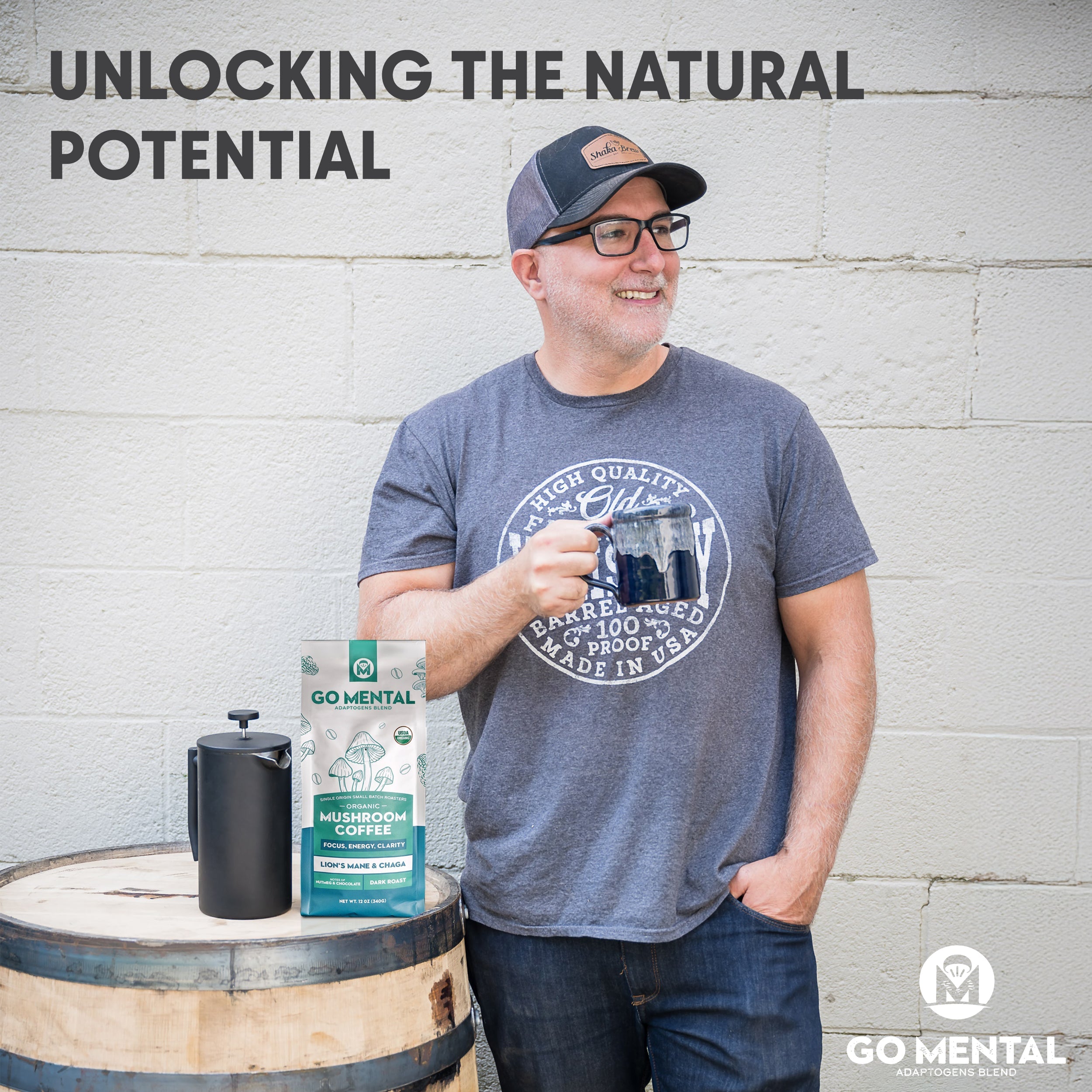 Organic Lion's Mane and Chaga mushroom coffee in dark roast by GO MENTAL MUSHROOM COFFEE, showcasing brewed coffee in a mug.