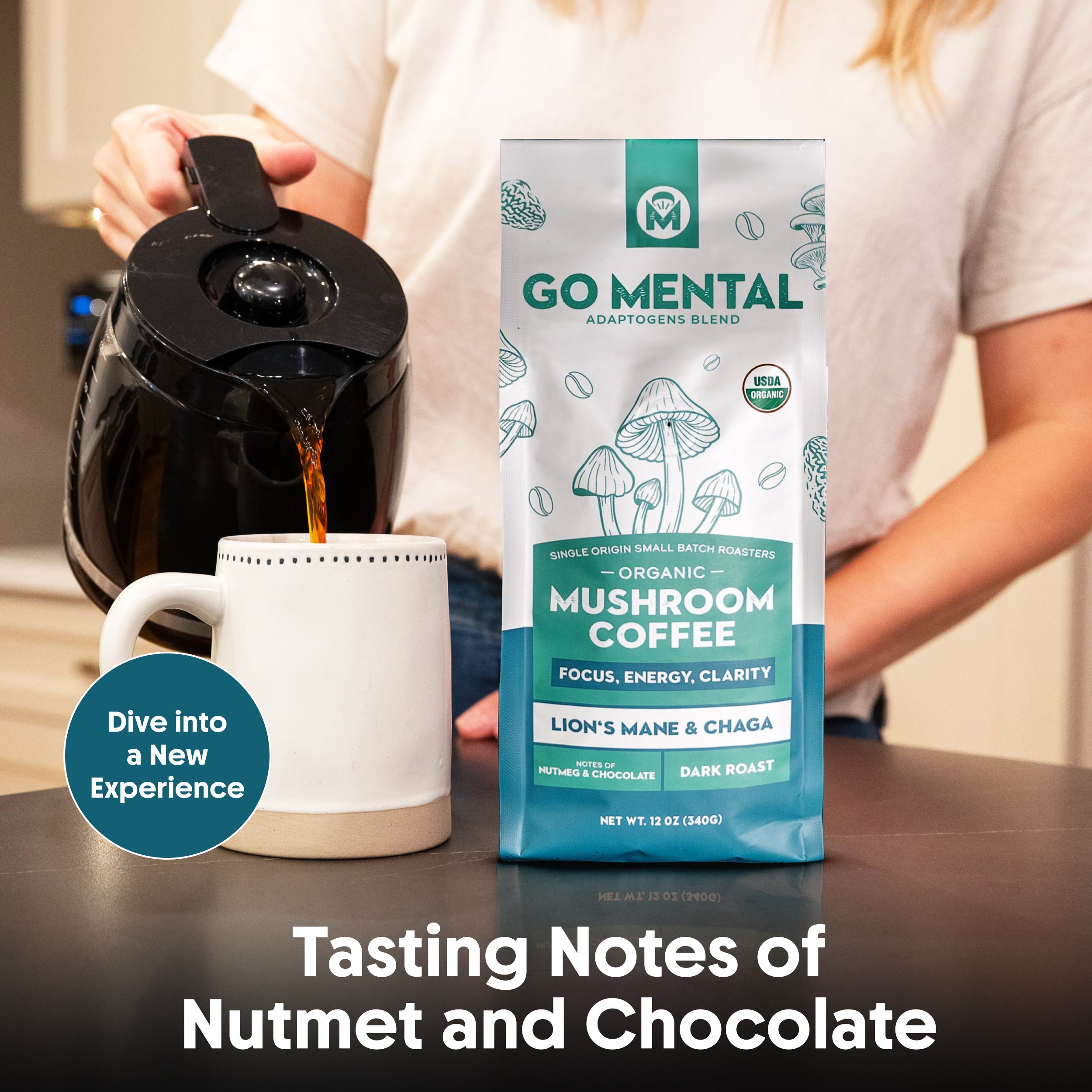 Dark roast Organic Lion's Mane and Chaga mushroom coffee from GO MENTAL MUSHROOM COFFEE, showing a steaming cup with coffee beans.