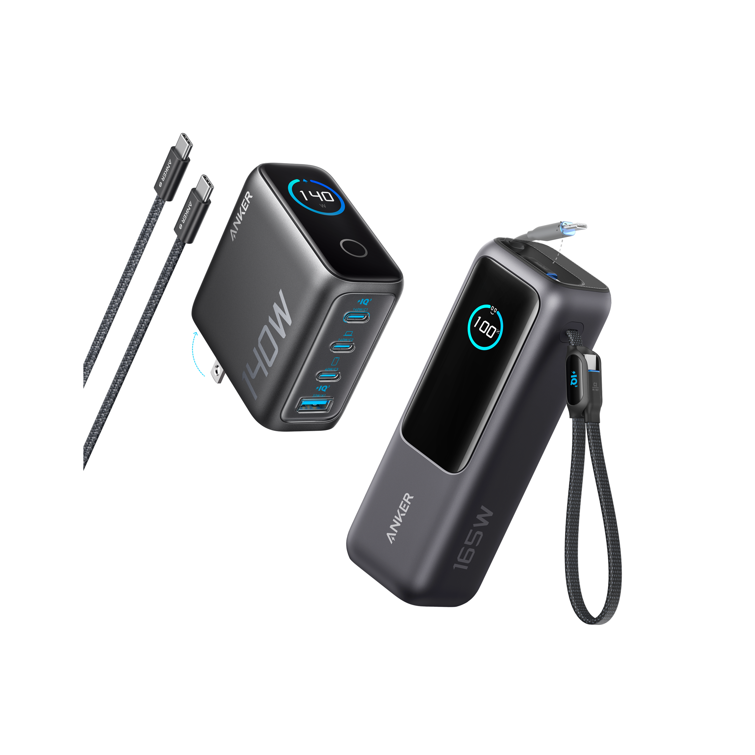 Anker 25,000mAh laptop power bank with 165W output, built-in and retractable USB-C and USB-A cables for portable charging
