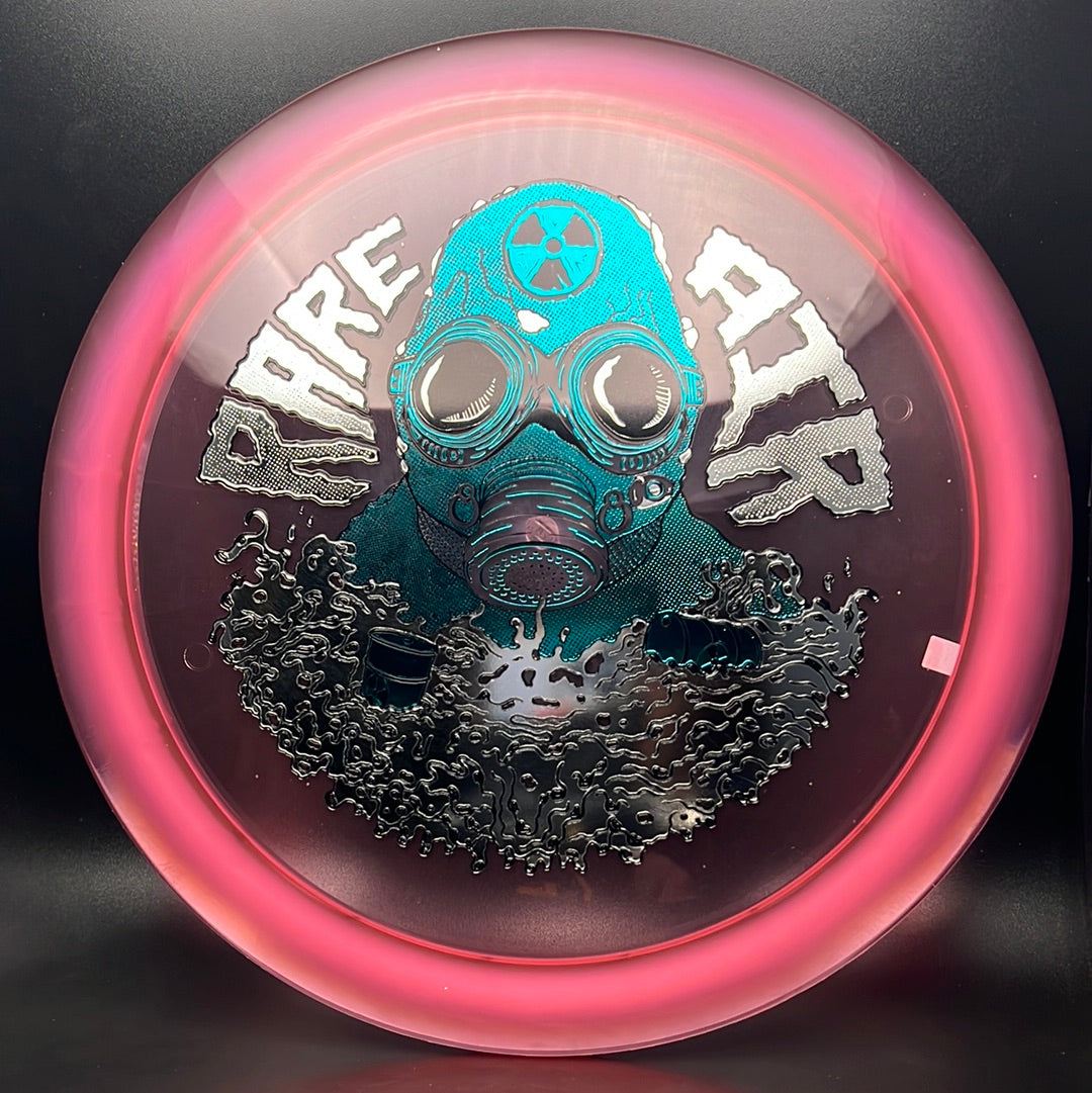 Rare Air Discs Ethos Omen Radioactive Man Edition disc golf disc with vibrant green and yellow design on a white background.
