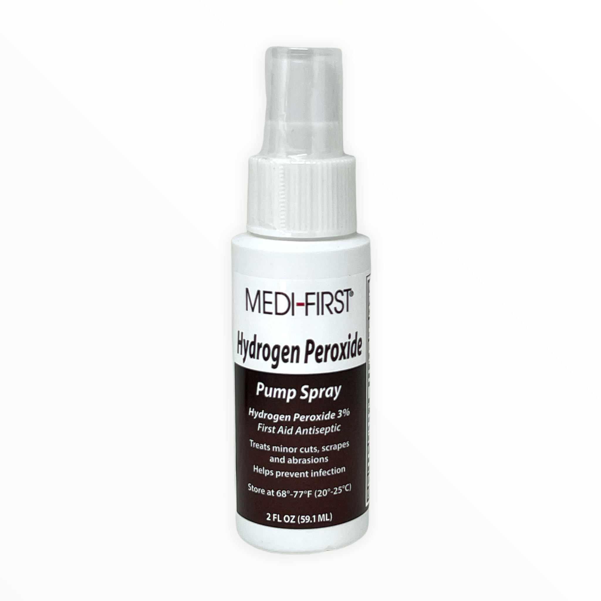 Hydrogen peroxide pump bottle from Medique, part of first aid supplies, with clear label and dispensing pump.