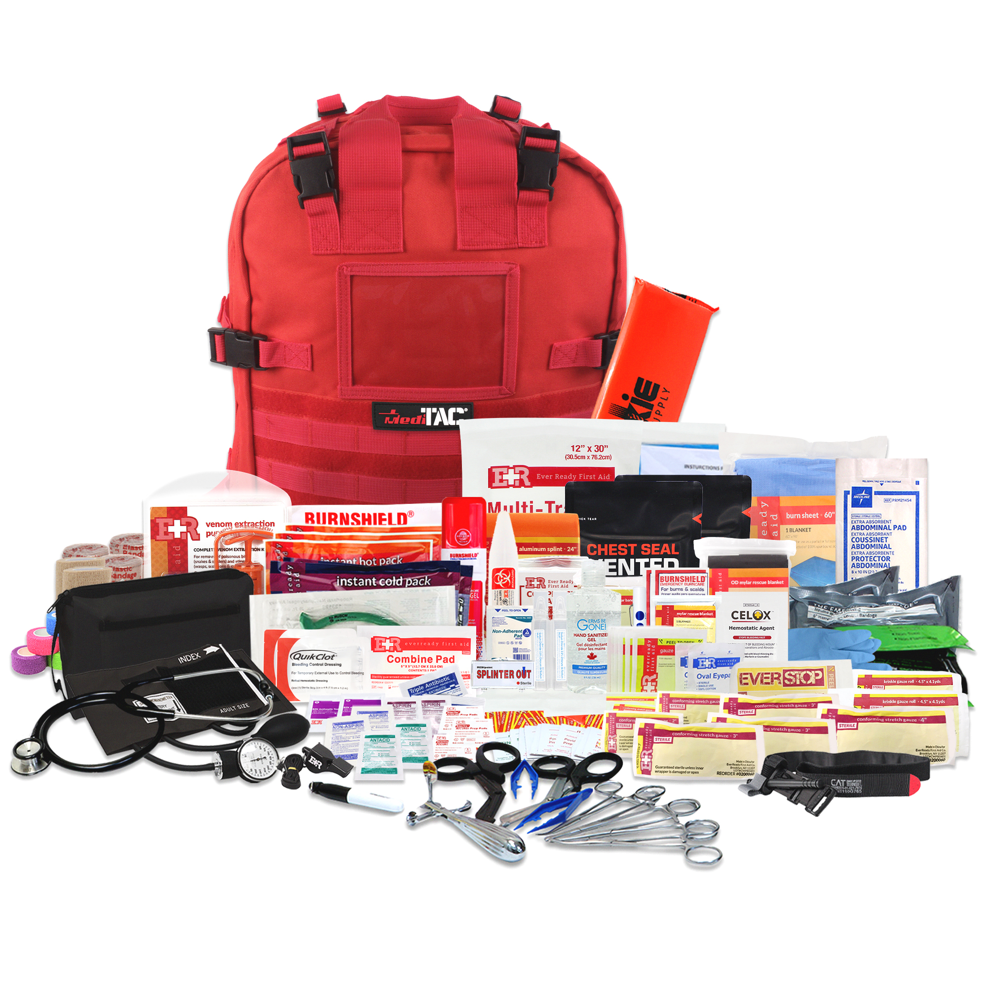 Deluxe Tactical Medical Kit by MediTac Kits featuring a first responder bag, CAT tourniquet, and bleeding control supplies.