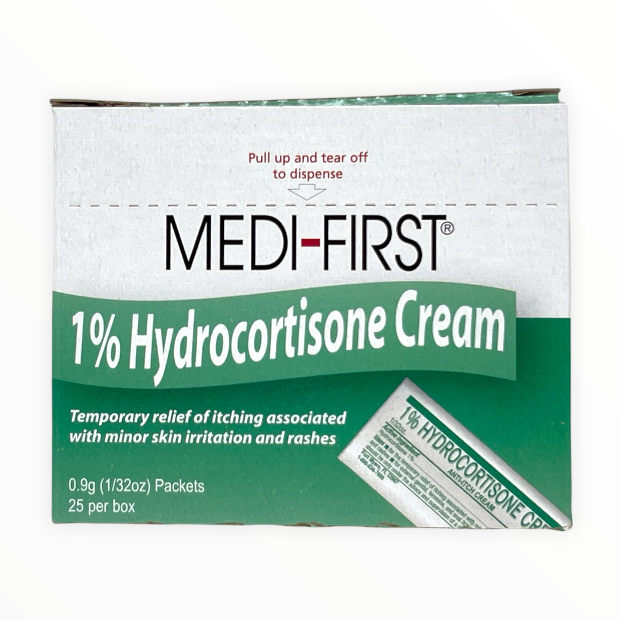 Medique Hydrocortisone Cream 1% in 0.9g tube, first aid supplies, used for skin inflammation and allergic reactions.