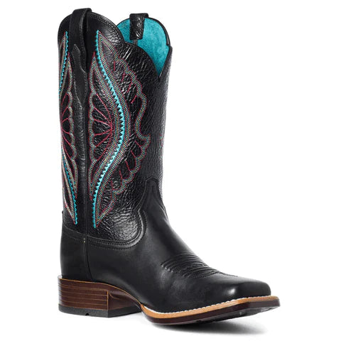 Black Primetime women's western boots by Ariat featuring leather construction and stylish stitching details.