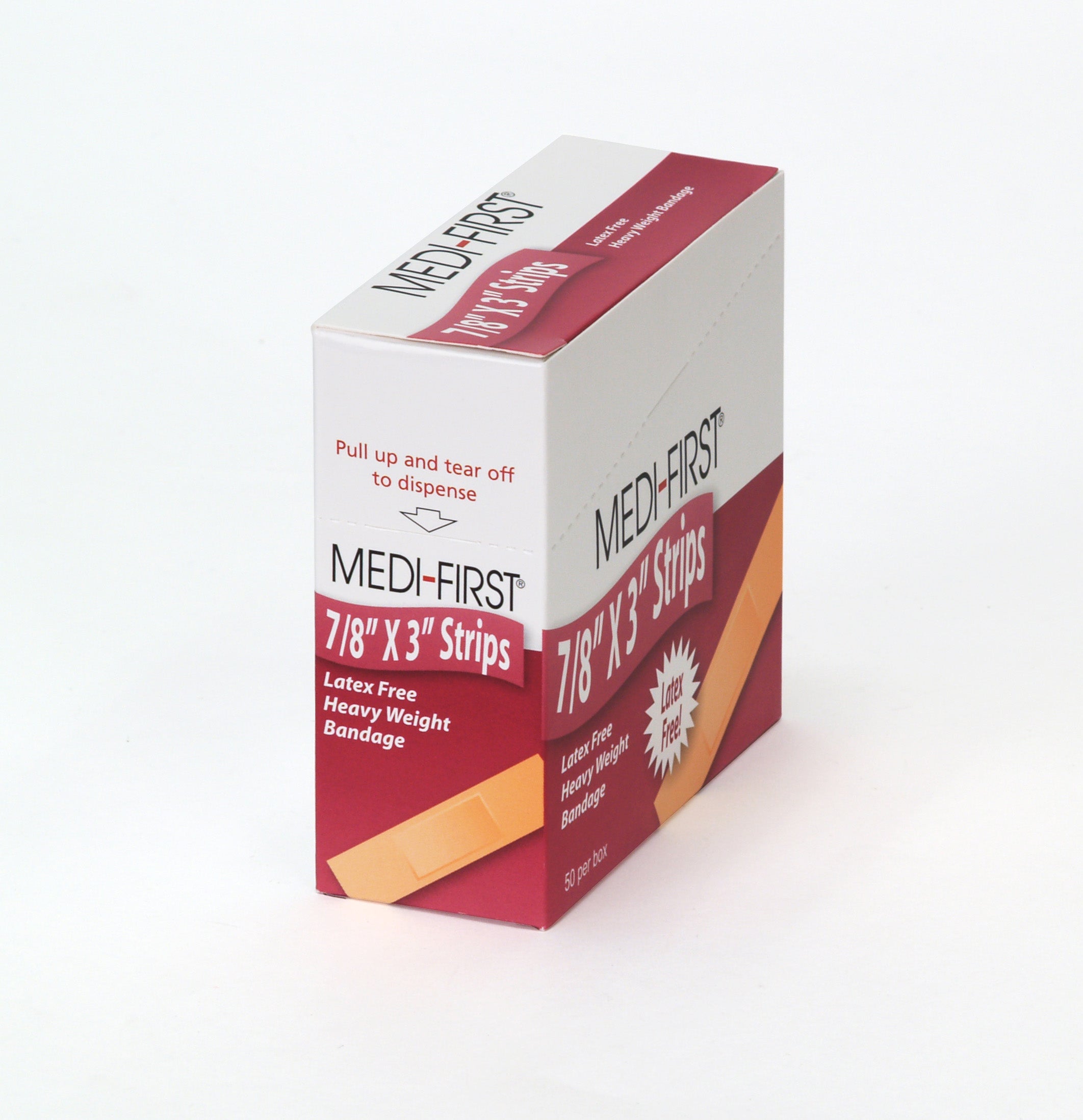 Flexible HW strip bandages by Medique, 7/8" x 3", in a first aid supplies setting, showcasing bandage texture and size.