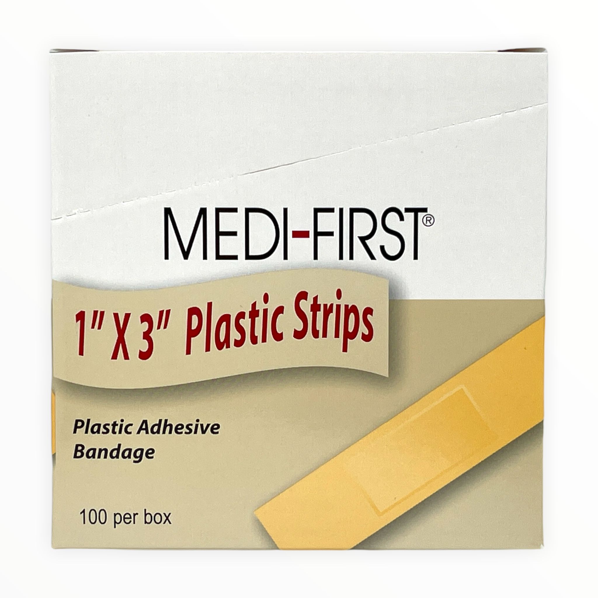 Alpenglow Readiness Supply 1" x 3" plastic strip bandages in a pack, ideal for first aid and wound care.