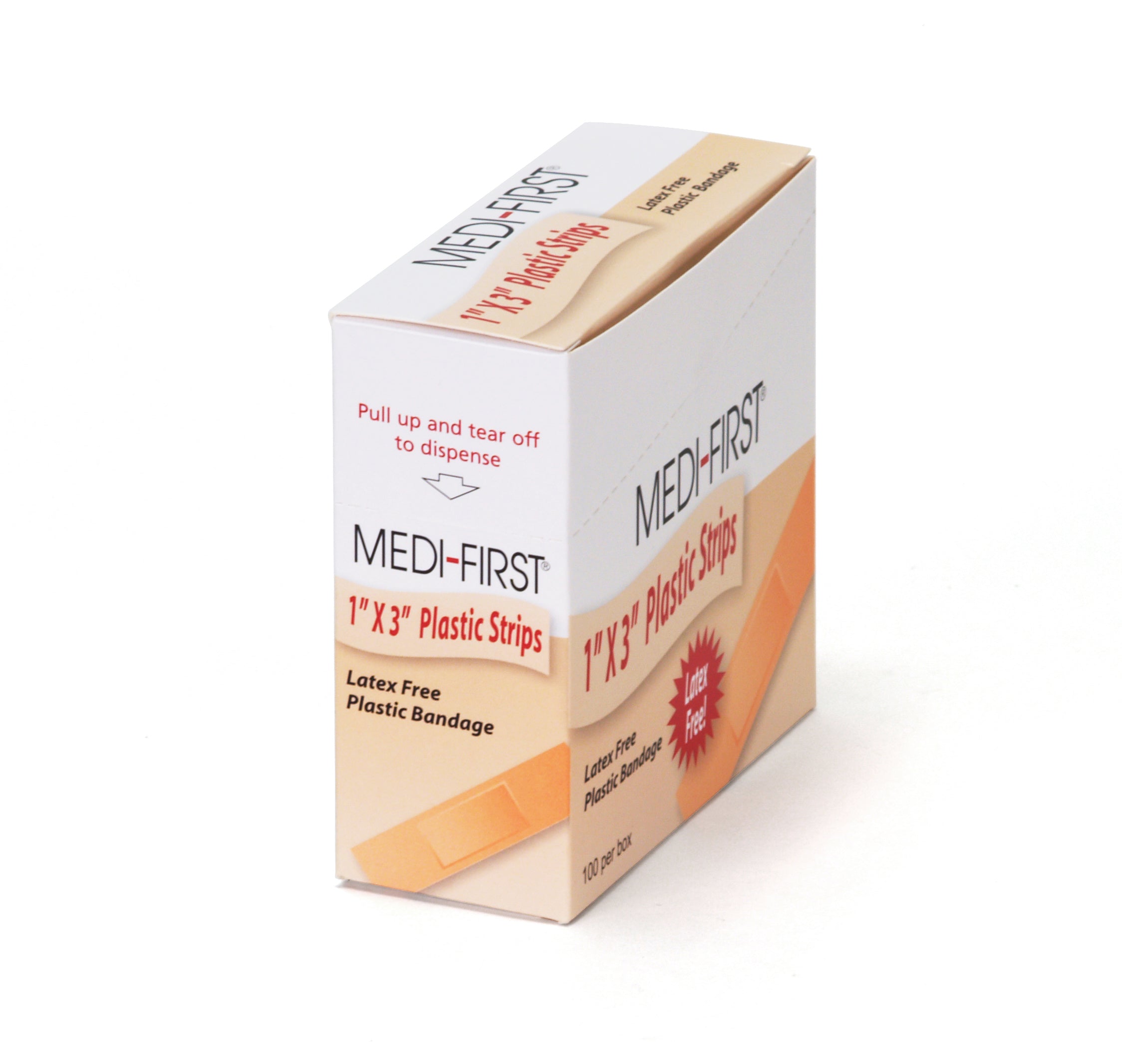 Alpenglow Readiness Supply plastic strip bandages, 1" x 3", stacked in a first aid supplies display.