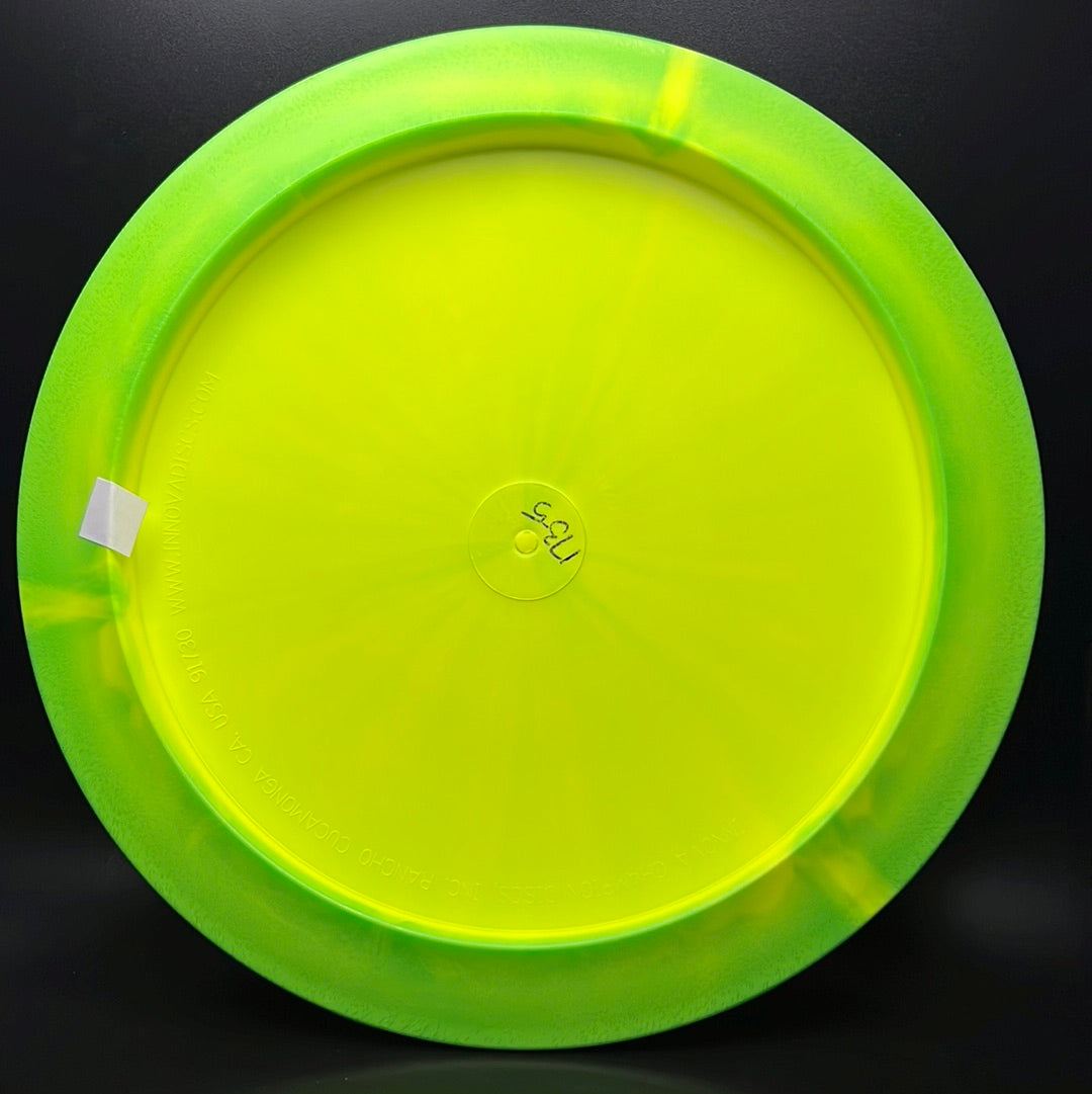 Rare Air Discs Halo S-Blend Czar disc golf disc from the First Run Radioactive Man Edition, showcasing vibrant design and branding.
