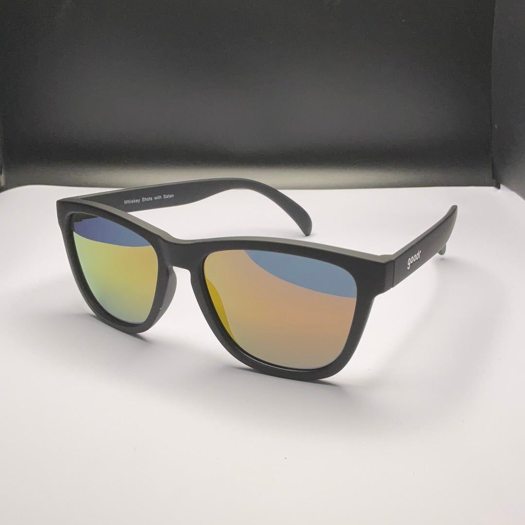 Rare Air Discs Whiskey Shots With Satan OG polarized sunglasses showing black frame and dark tinted lenses for stylish eye protection.