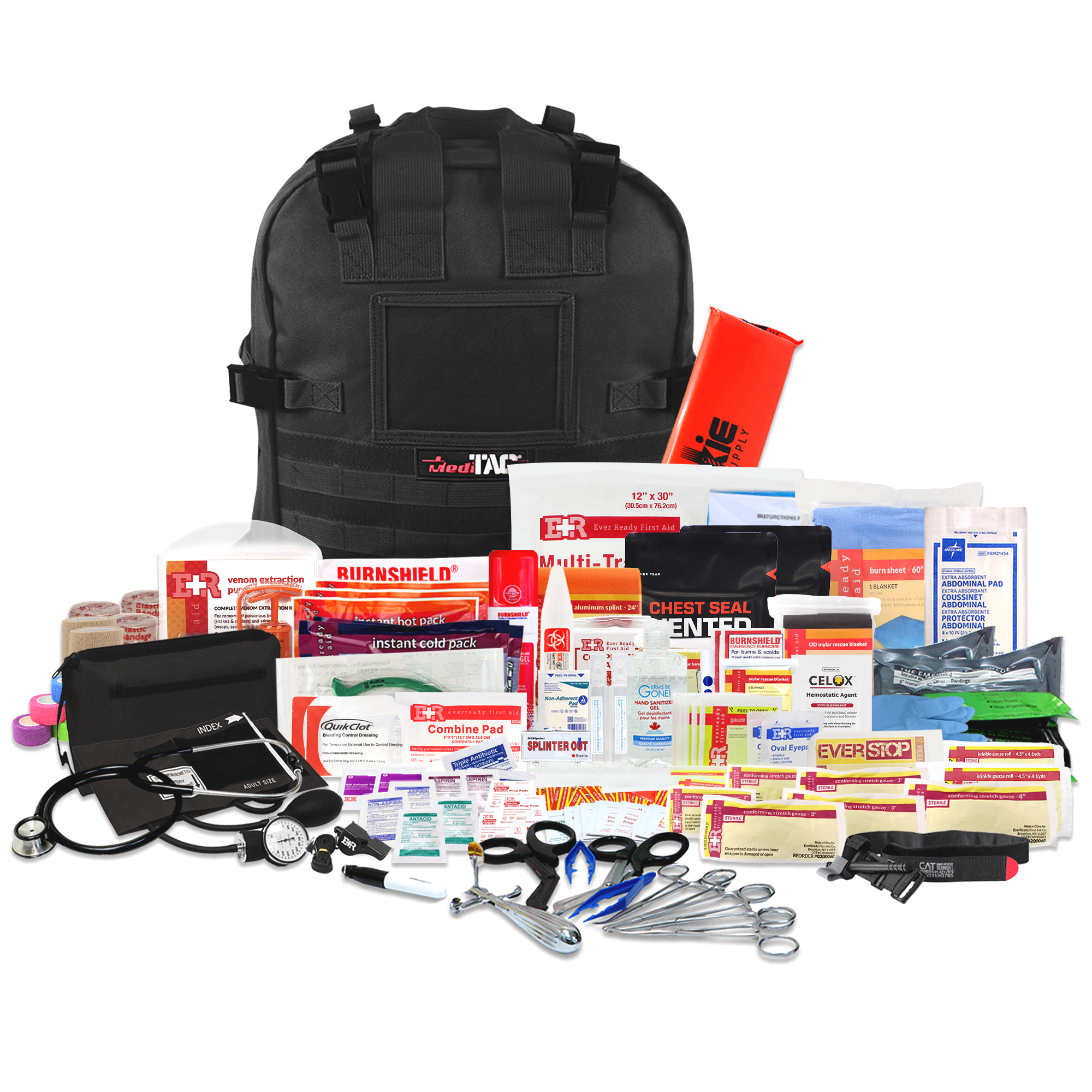 Deluxe Tactical Medical Kit by MediTac Kits, featuring a CAT Tourniquet and organized first responder bag.