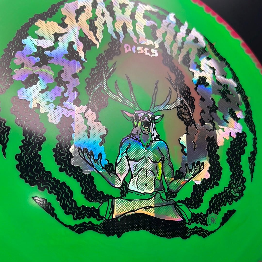 Rare Air Discs Halo S-Blend Exodus disc golf disc with custom RAD elk stamp on a white background.