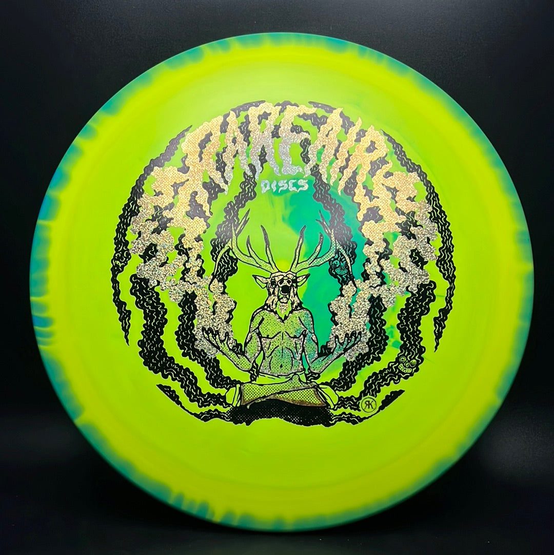 Rare Air Discs Halo S-Blend Exodus disc golf disc with custom RAD elk stamp, featuring vibrant colors and detailed artwork.