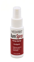 Alpenglow Medique burn spray pump for first aid, featuring a clear bottle with a nozzle for easy application.