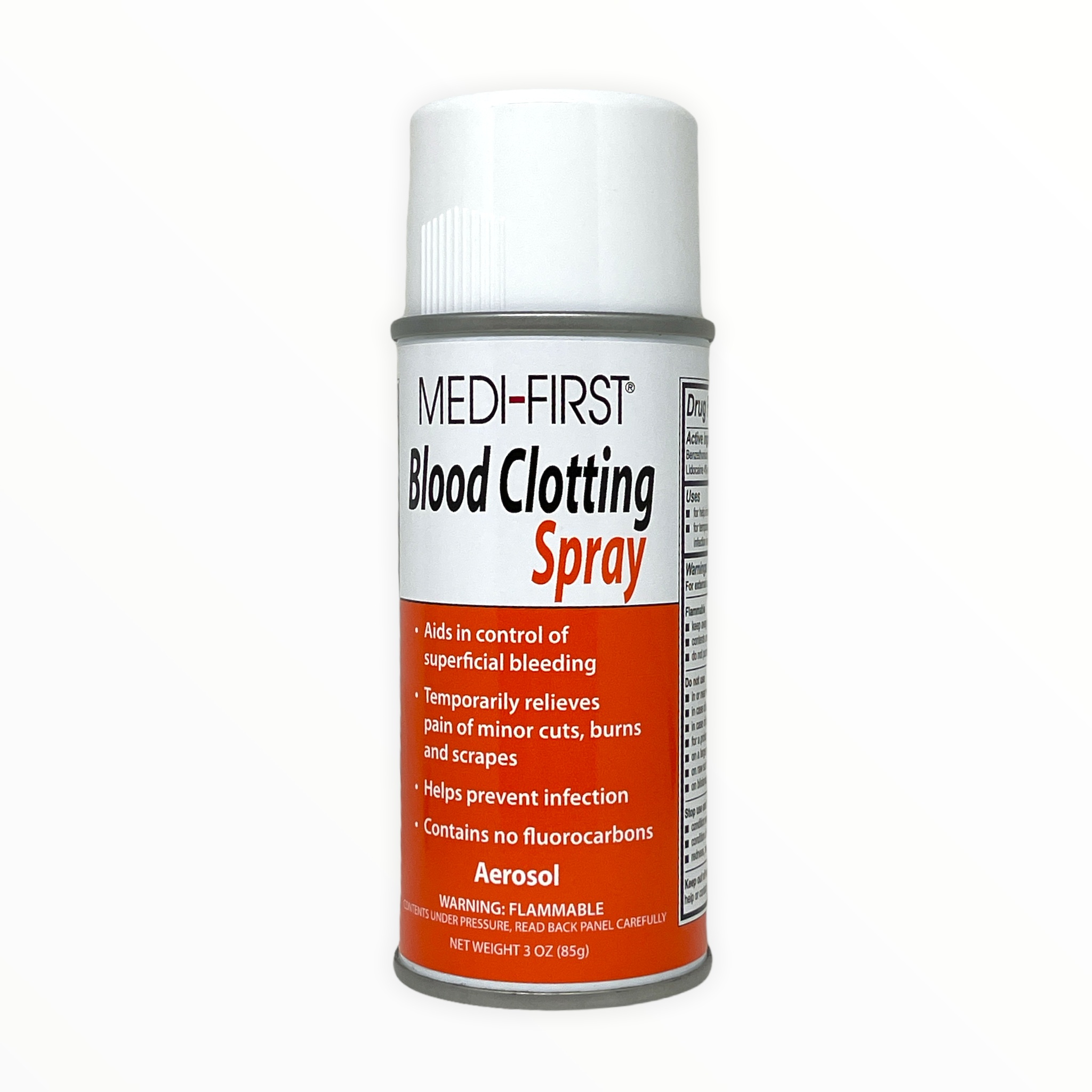 Medique blood clotting spray in a first aid kit, showing the spray bottle and its label clearly.