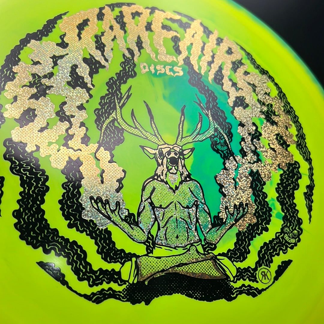 Rare Air Discs Halo S-Blend Exodus disc golf disc with custom RAD Elk stamp, showcasing vibrant colors and detailed artwork.