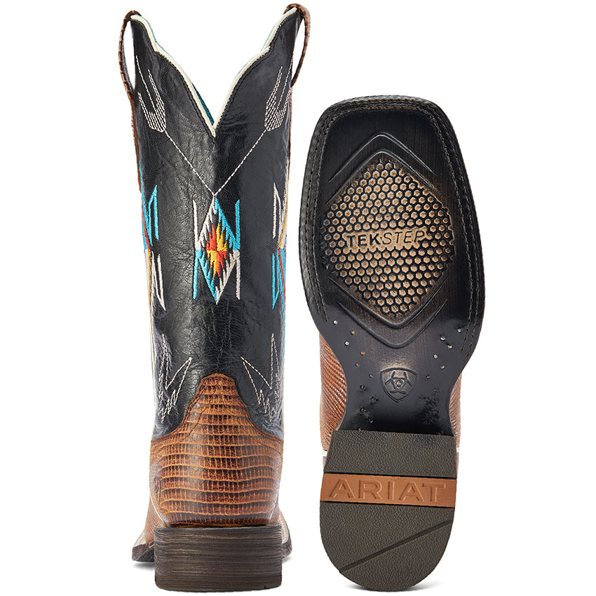 Ariat Women's Frontier Chimayo Western Boots with intricate embroidery, brown leather, and Western-style stitching.