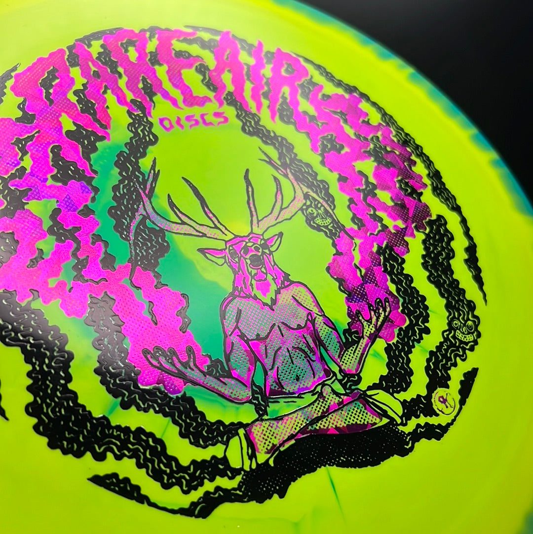 Rare Air Discs Halo S-Blend Exodus disc golf disc featuring a custom RAD Elk stamp, vibrant colors and detailed artwork.